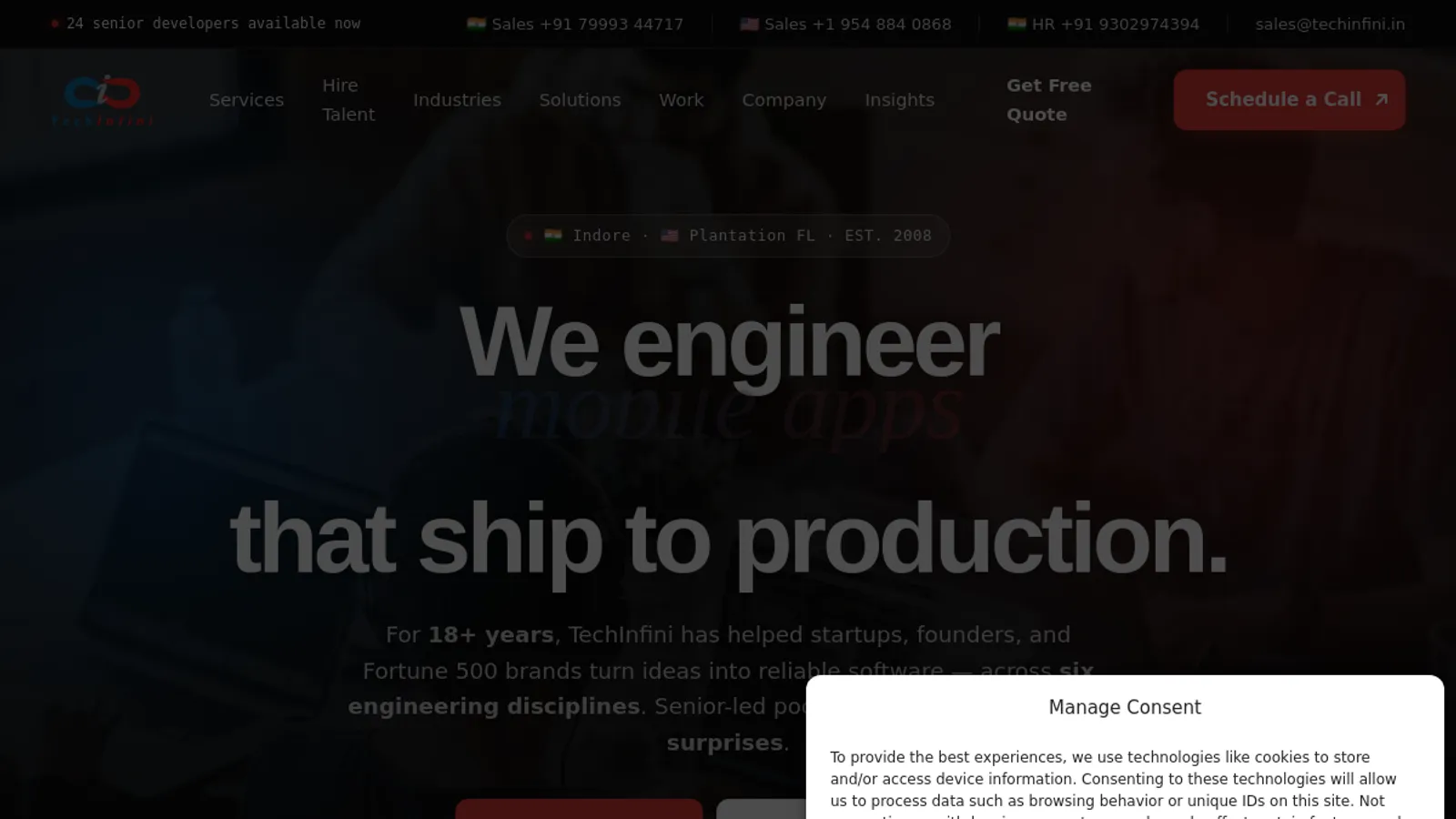 Screenshot of the TechInfini Solutions homepage