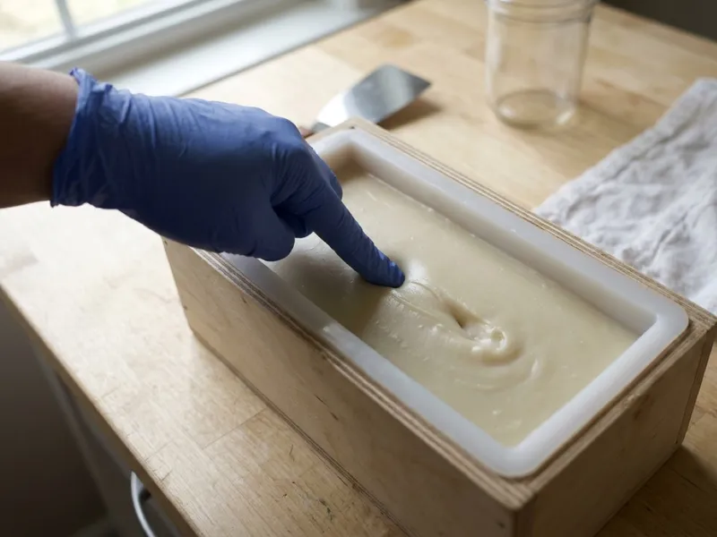 A gloved finger presses into freshly poured soap setting inside a wooden loaf mold.