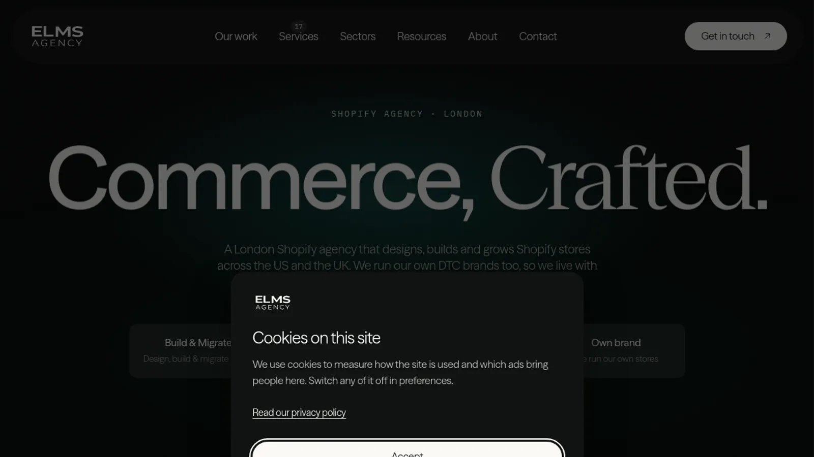 Screenshot of the Elms Agency homepage
