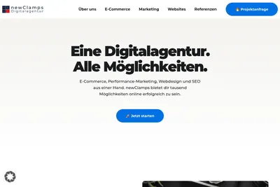 Screenshot of the newClamps Digitalagentur homepage