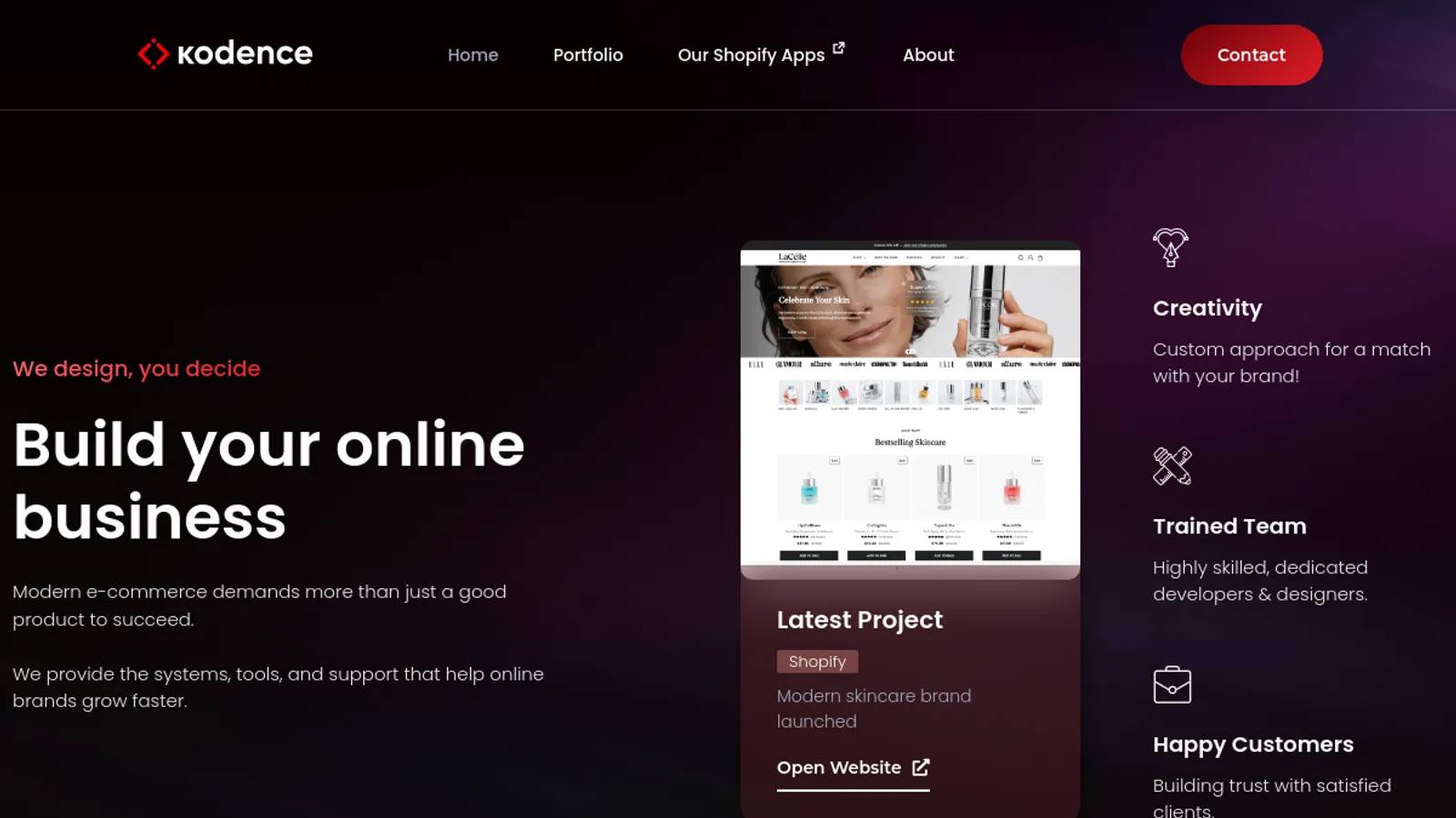 Screenshot of the Kodence homepage