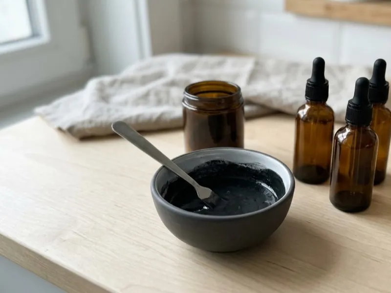 A bowl of black charcoal mixture with a spoon beside amber dropper bottles on a wooden surface.