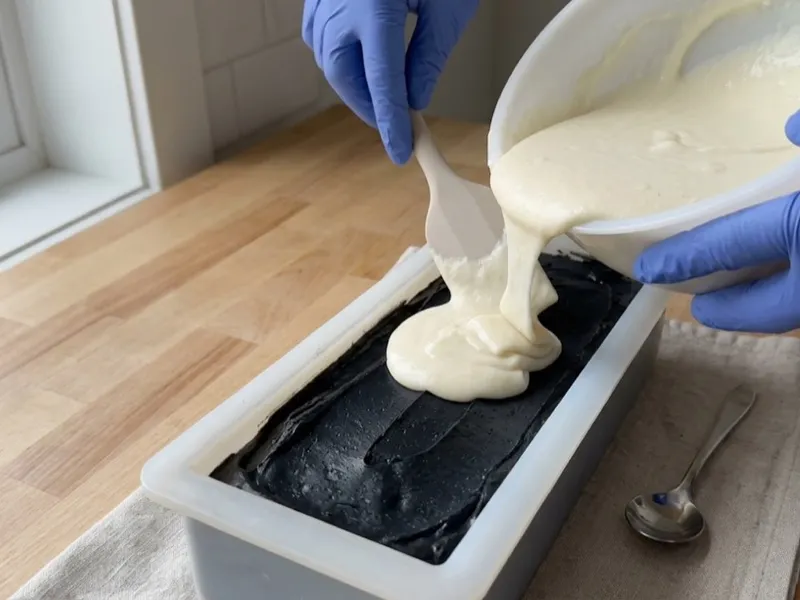 Gloved hands pour creamy white soap batter over a black layer inside a rectangular silicone mold.