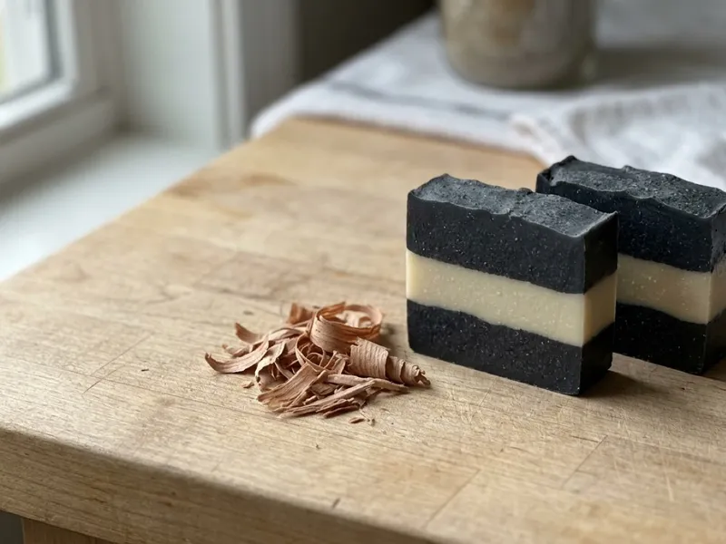 Two striped black and cream soap bars sit on a wooden board next to wood shavings.