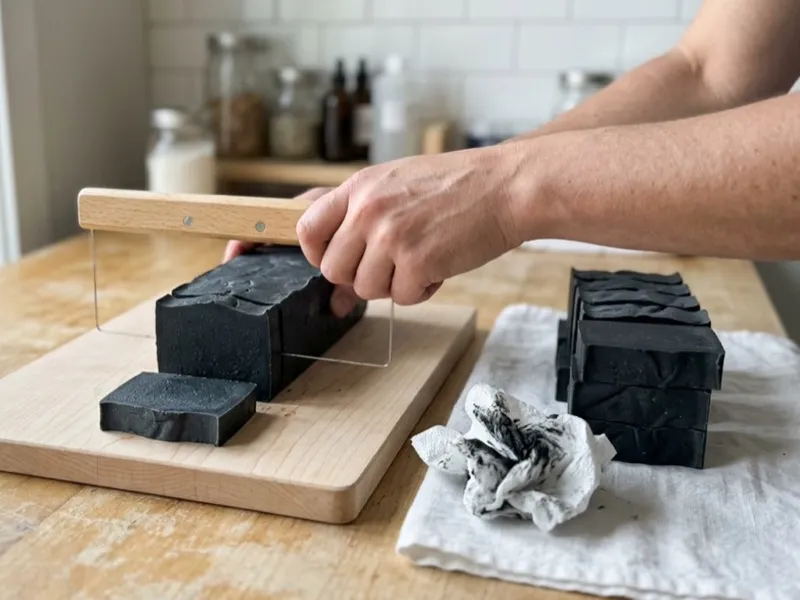 A person uses a wire soap cutter to slice a loaf of black charcoal soap into bars.