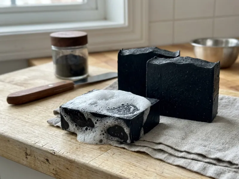Handmade black charcoal soap bars on a wooden board, with rich white lather on one bar.