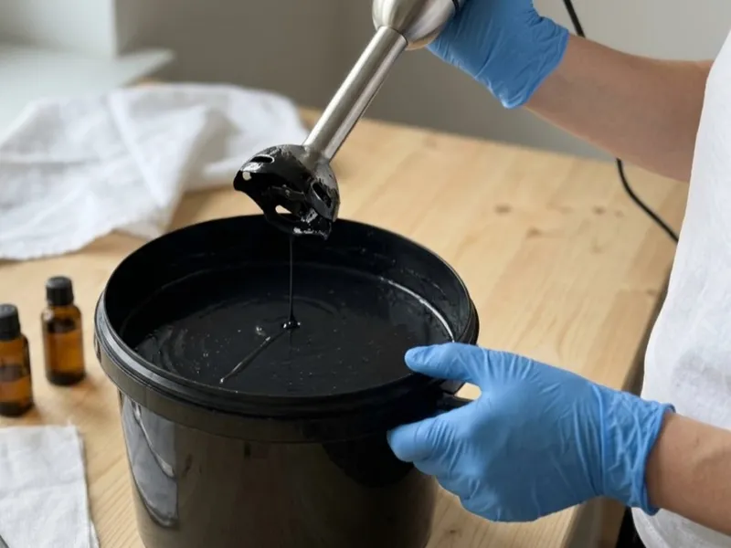 A person in blue gloves lifts an immersion blender dripping black soap batter into a bucket.