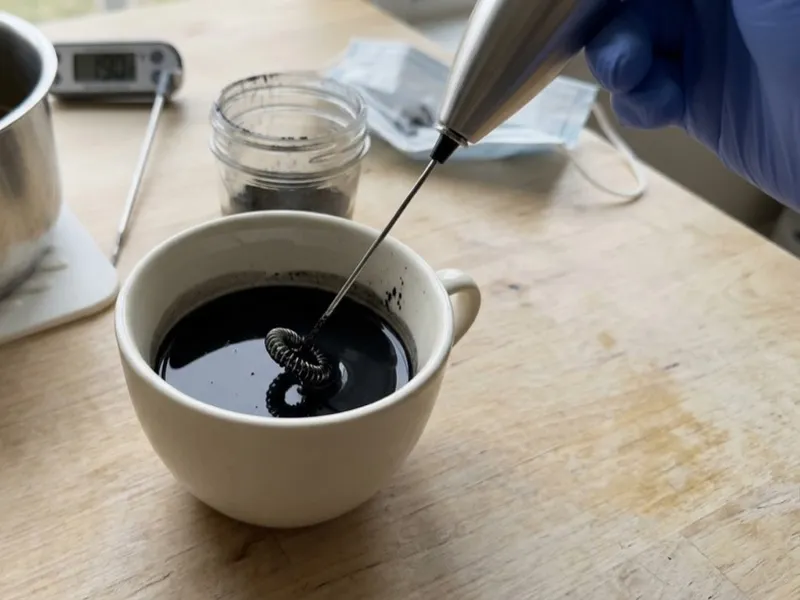 A gloved hand mixes black activated charcoal liquid in a white mug using a handheld frother.