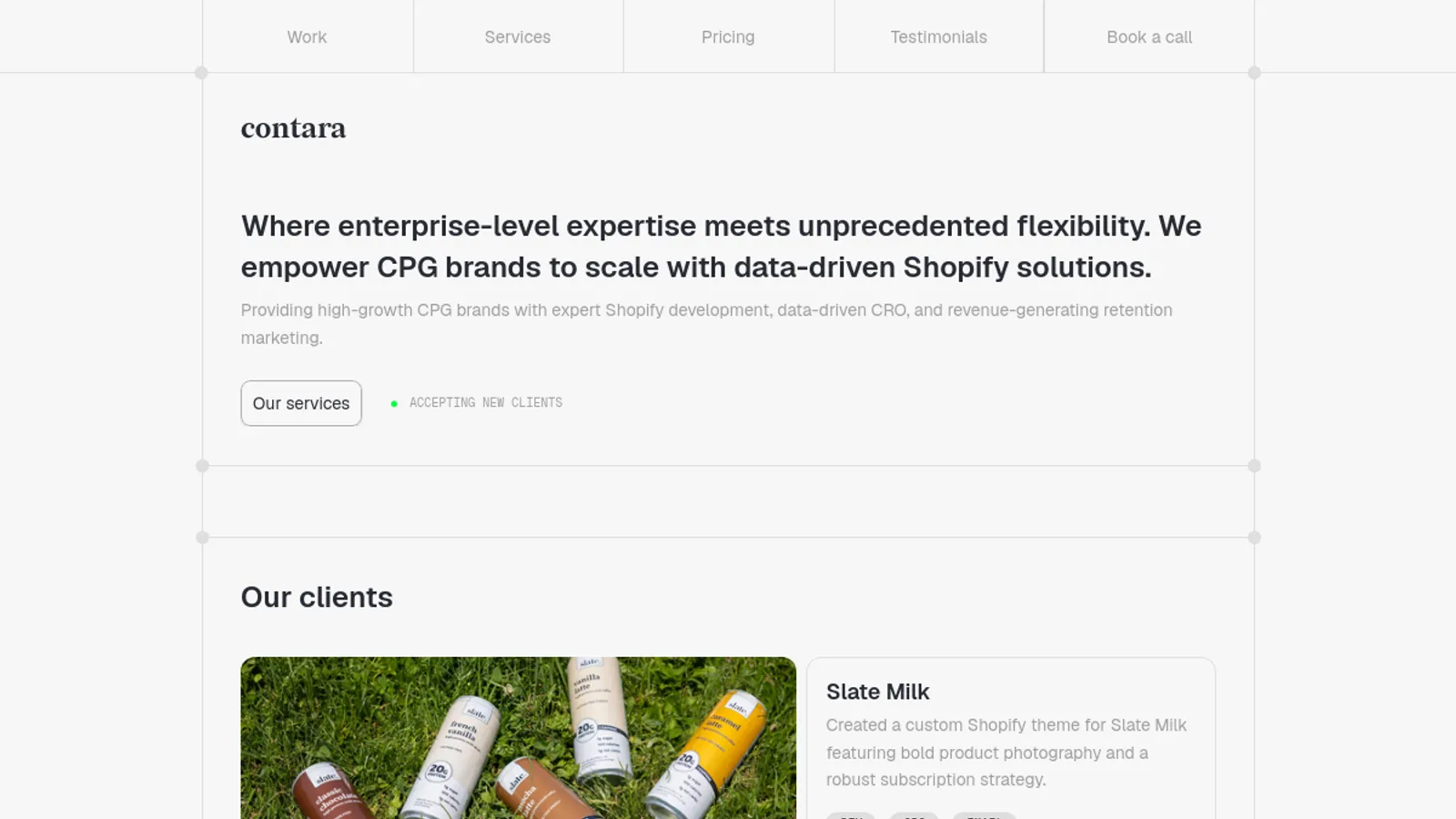 Screenshot of the Contara homepage