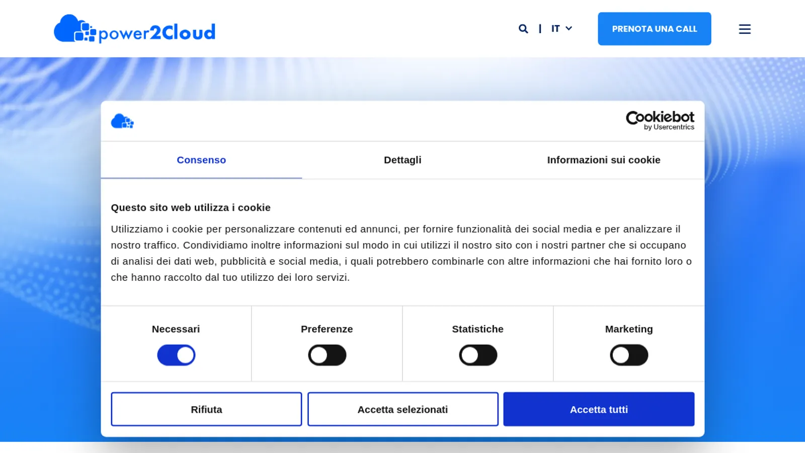 Screenshot of the power2Cloud homepage