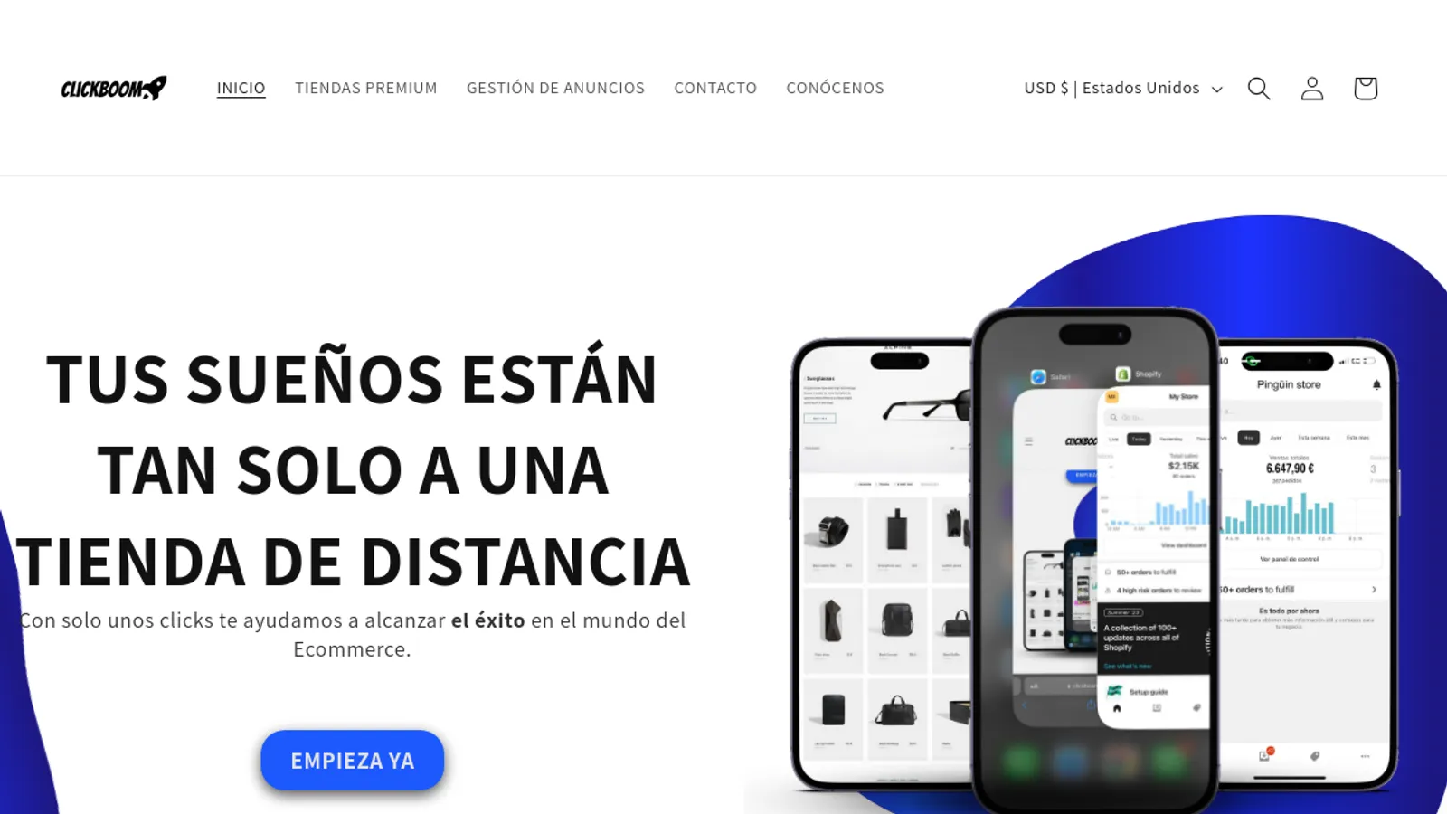 Screenshot of the Clickboom homepage