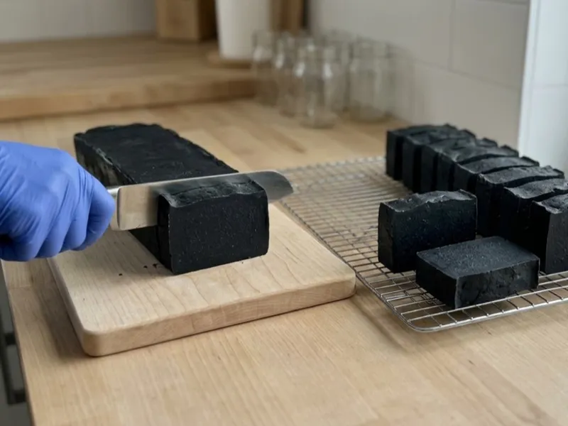 A gloved hand slices a loaf of black soap beside cut bars resting on a wire rack.