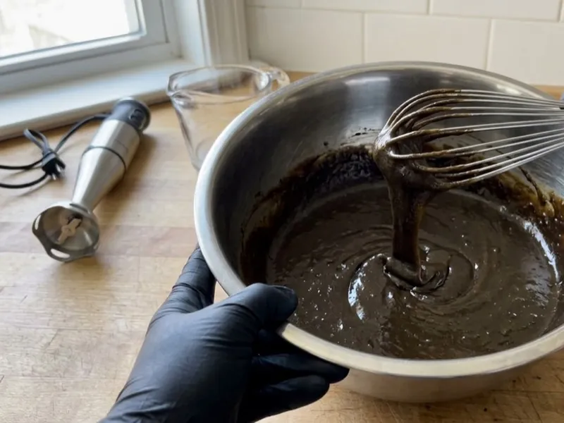 Gloved hands lift a whisk dripping thick, dark soap mixture into a stainless steel bowl.
