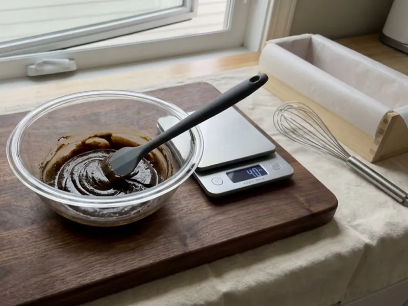 A bowl of thick brown soap batter sits beside a digital scale, whisk, and lined mold.