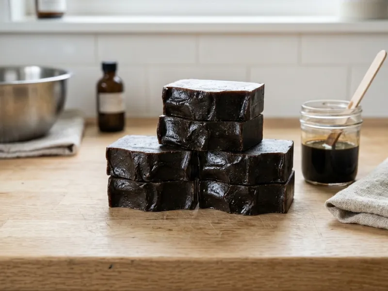 Stacked bars of dark brown handmade soap resting on a wooden countertop beside soapmaking supplies.
