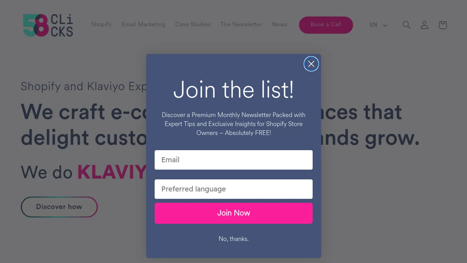 Screenshot of the 58 CLICKS homepage