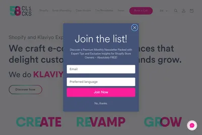 Screenshot of the 58 CLICKS homepage