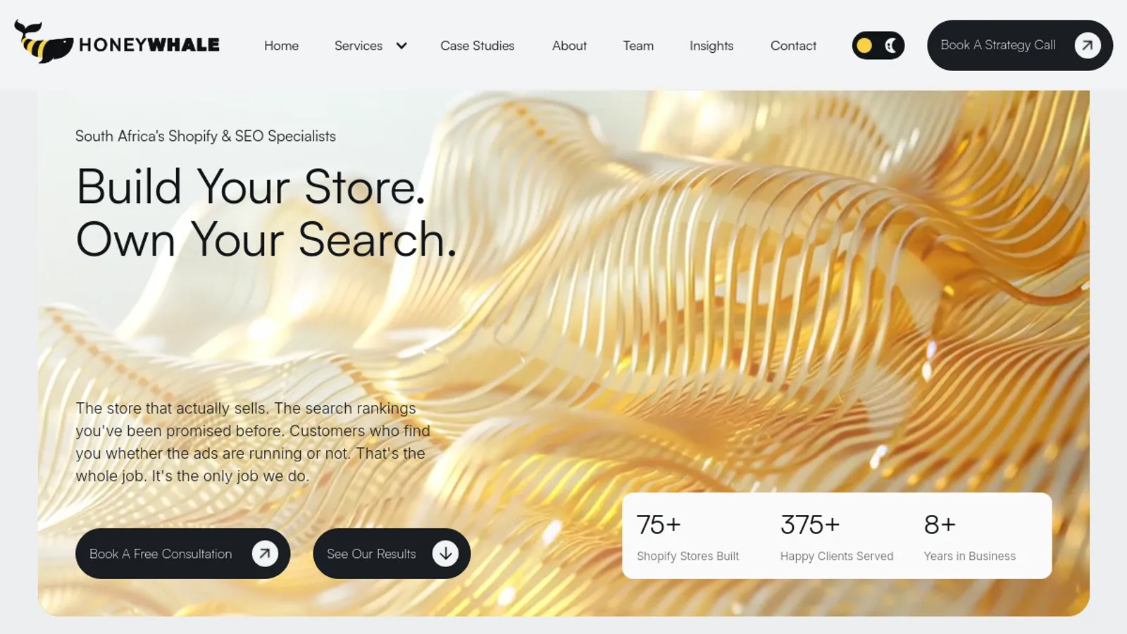 Screenshot of the Honey Whale homepage