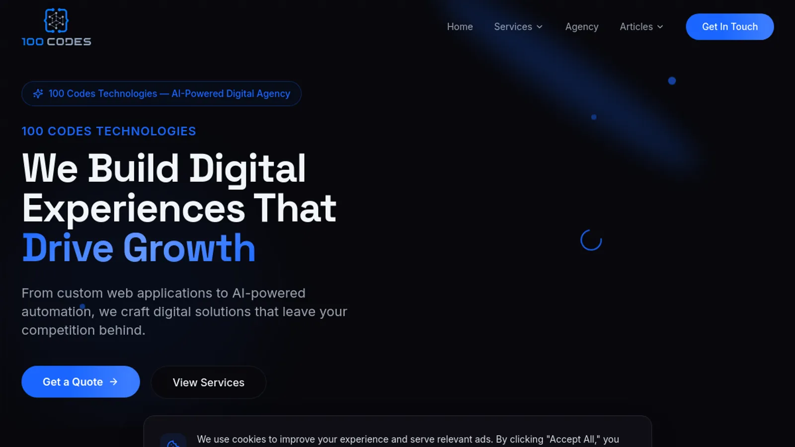 Screenshot of the 100 Codes Technologies, LLC homepage