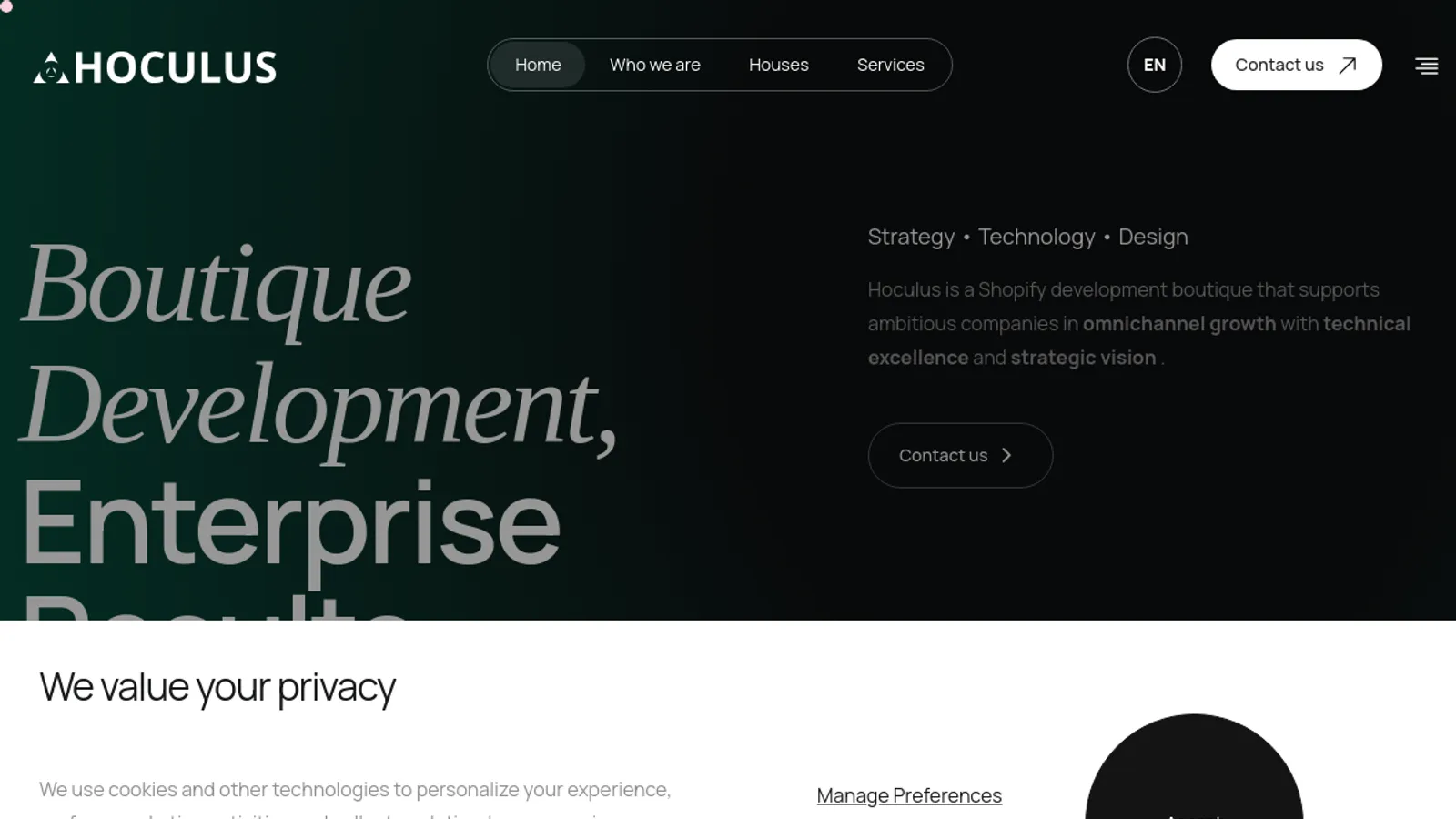 Screenshot of the Hoculus homepage
