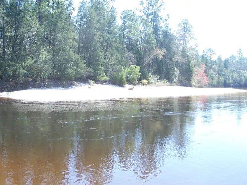 Panorama view of the Blackwater River and beach in Blackwater River State Park.