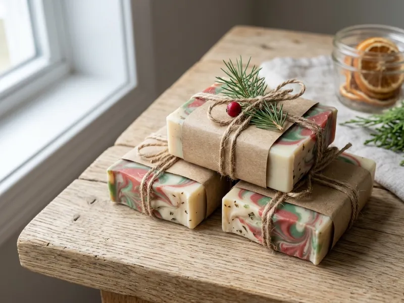 Three bars of festive handmade swirl soap wrapped in kraft paper and tied with twine.