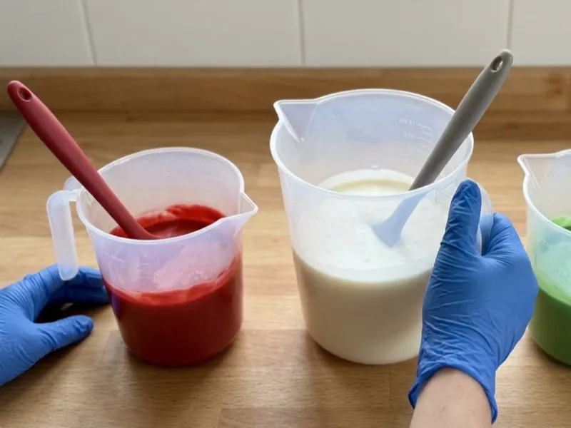 Three measuring pitchers filled with red, white, and green soap batter sit on a wooden countertop.