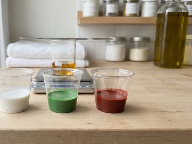 Small cups of white, green, and red soap colorants sit near a digital scale and beaker.