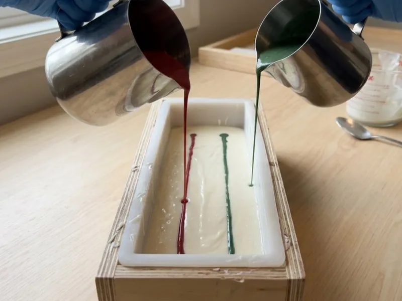 Gloved hands pour red and green soap batter into a mold filled with white soap base.