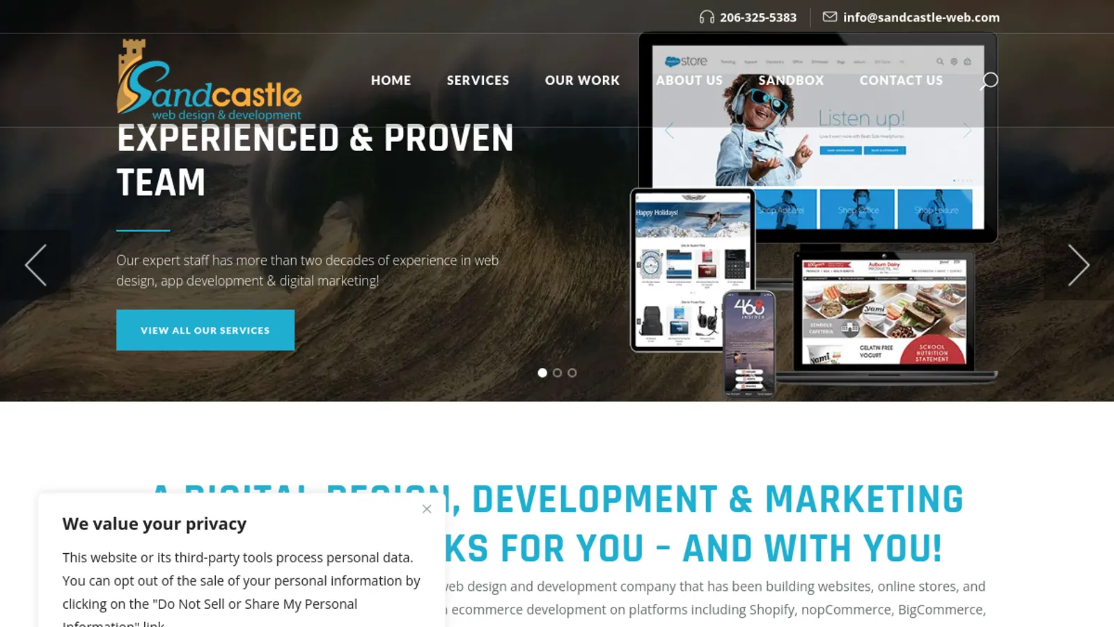 Screenshot of the Sandcastle homepage
