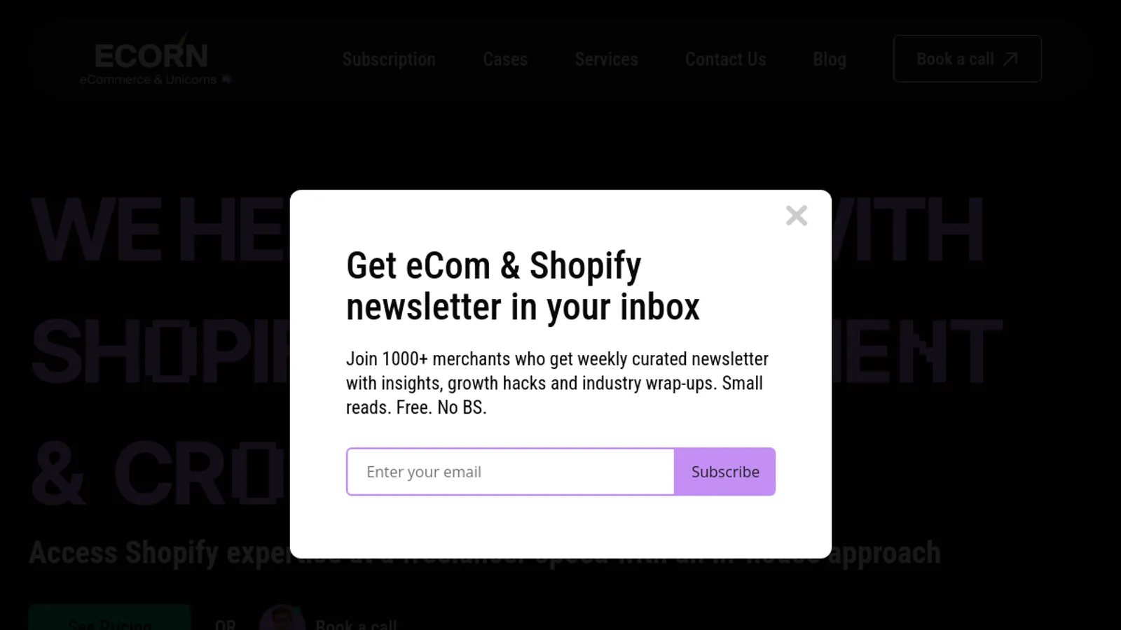 Screenshot of the ECORN homepage