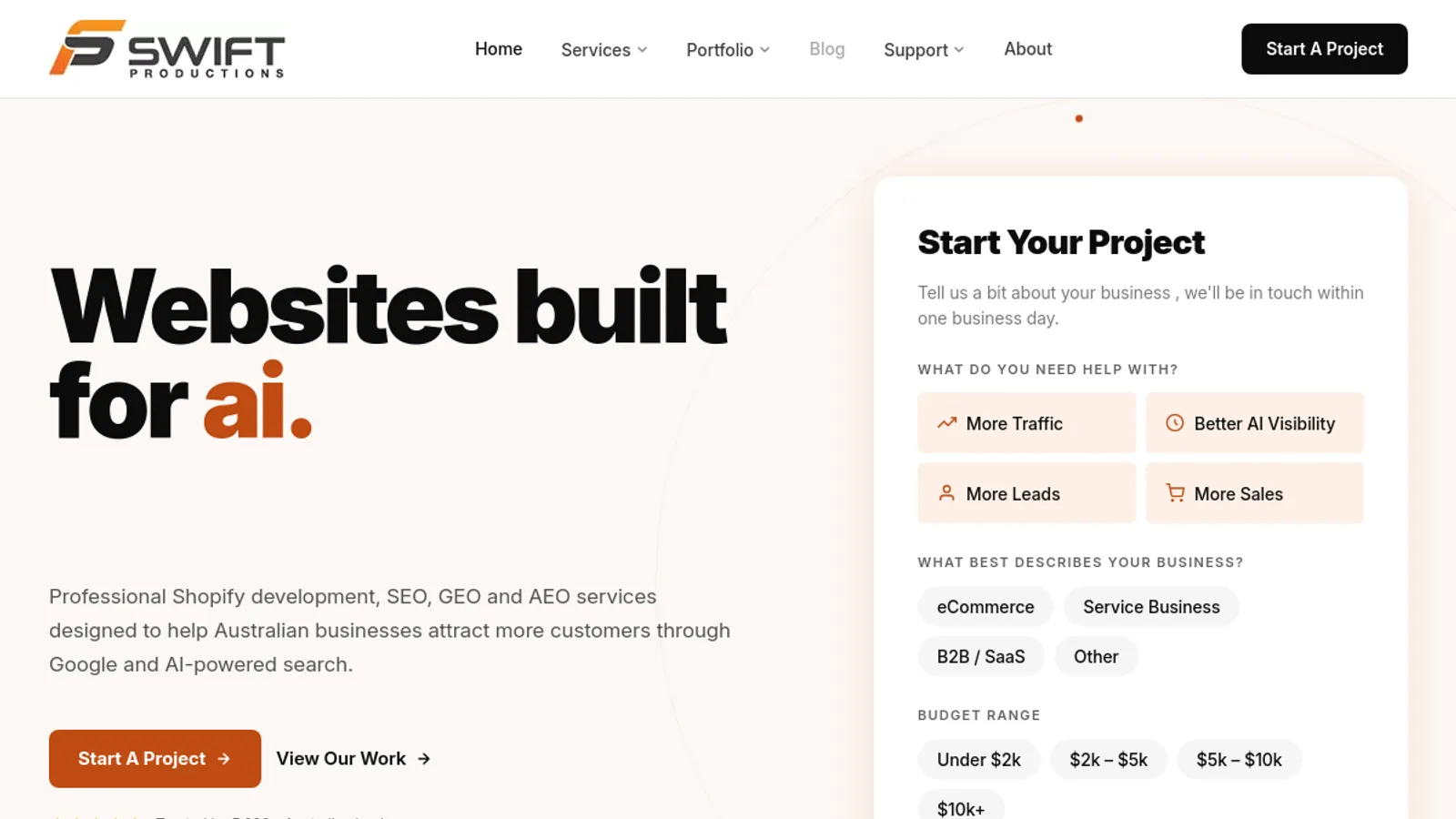 Screenshot of the Swift Productions homepage