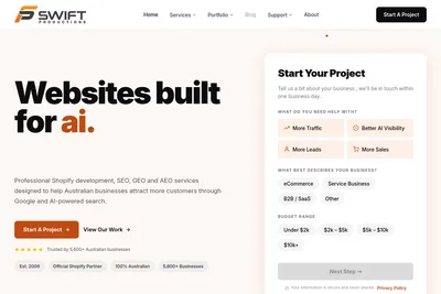 Screenshot of the Swift Productions homepage
