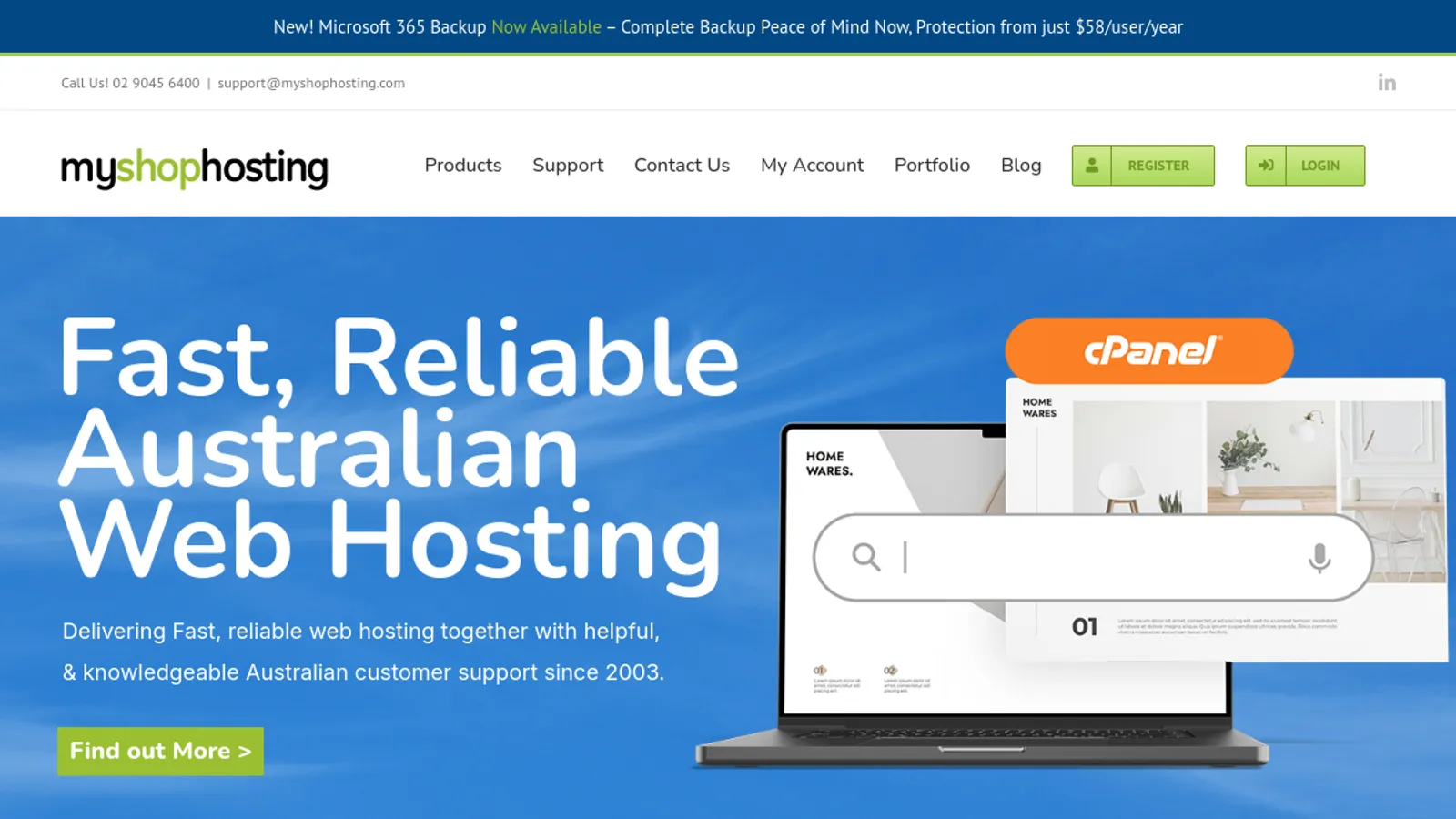Screenshot of the myshophosting homepage