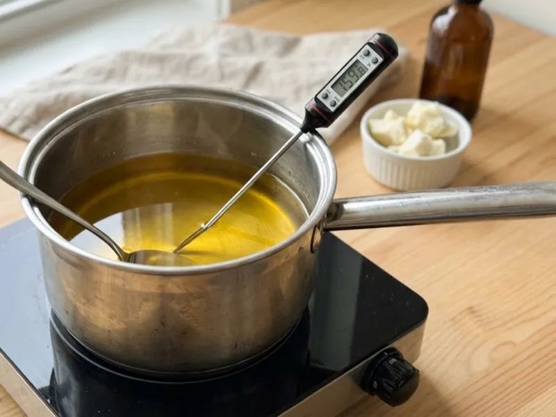 A digital thermometer measures the temperature of melted oils heating in a saucepan on an electric burner.