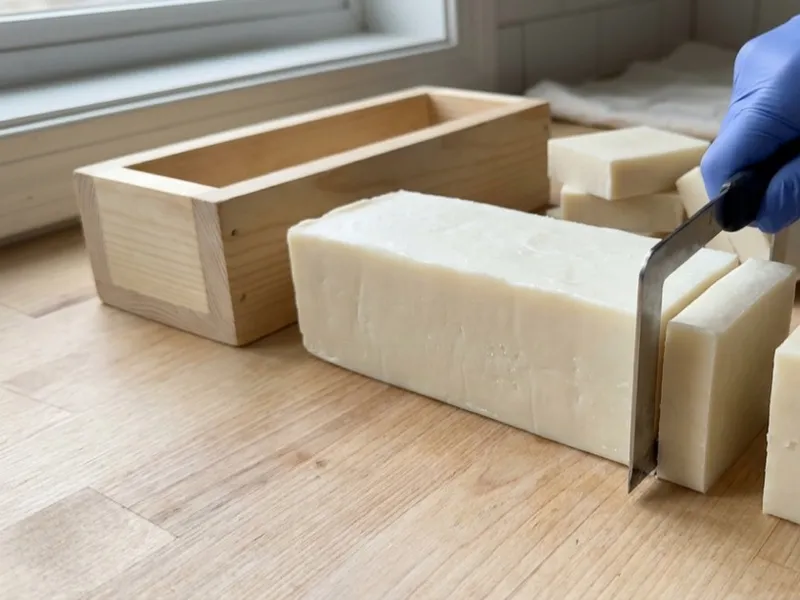 A gloved hand slices a block of white soap into bars beside an empty wooden mold.