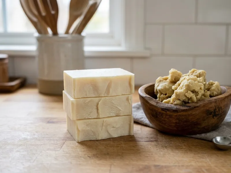 Three stacked handmade soap bars sit next to a wooden bowl filled with raw shea butter.