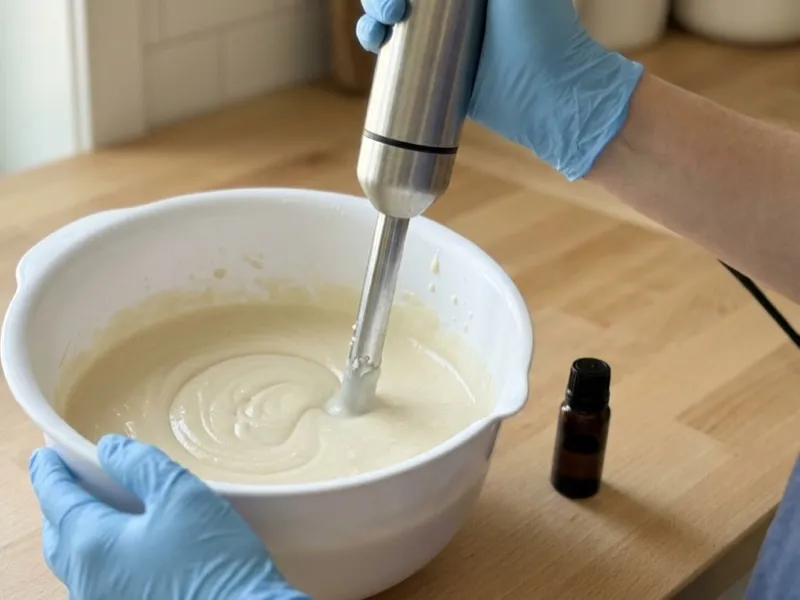 Gloved hands use an immersion blender to mix creamy soap batter in a white bowl.