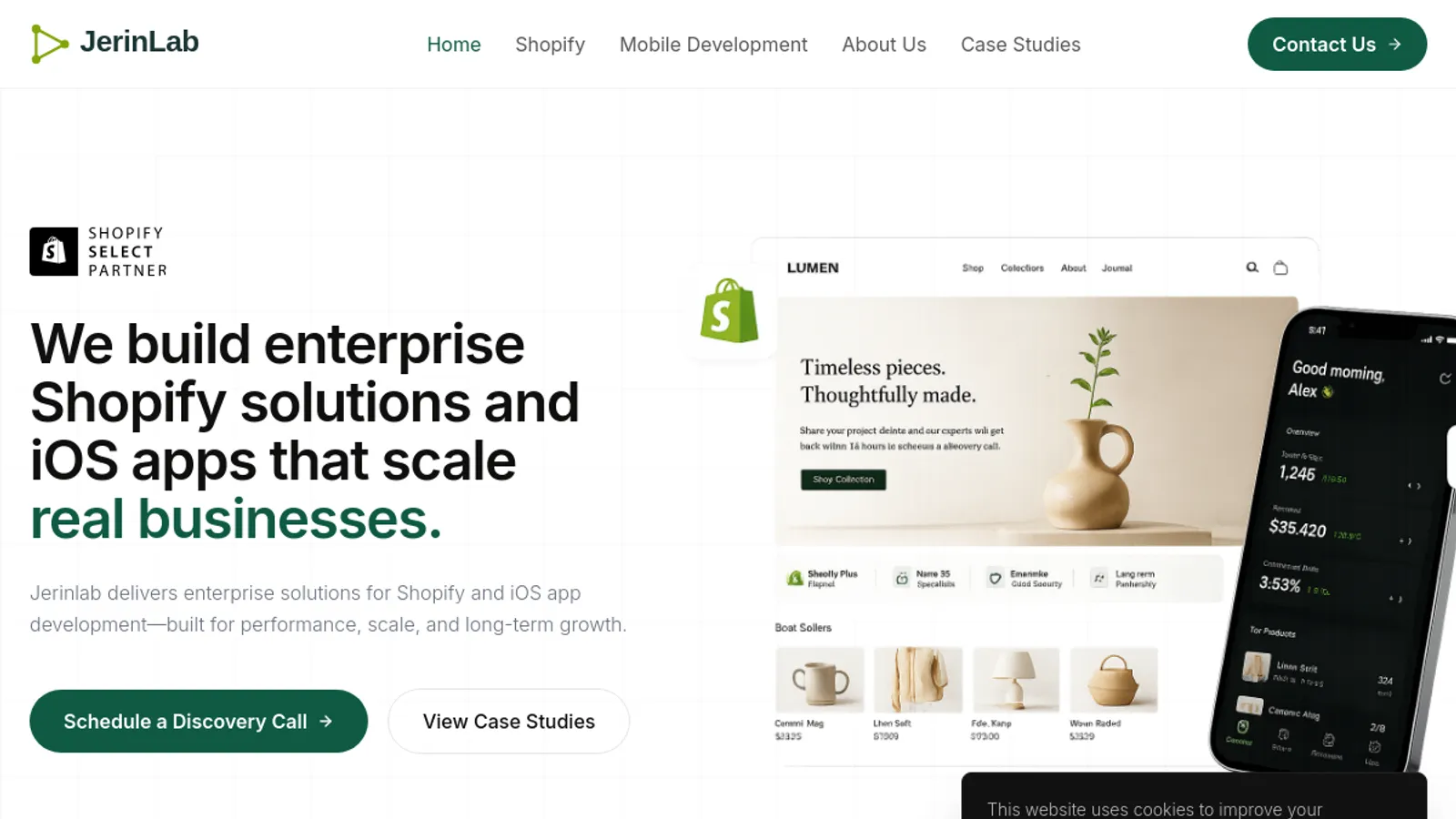 Screenshot of the JerinLab - Apps, Stores, Themes & B2B | 10+ Years, 5,000+ Builds homepage