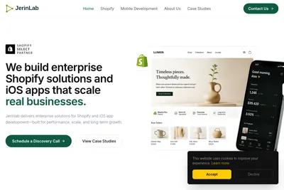 Screenshot of the JerinLab - Apps, Stores, Themes & B2B | 10+ Years, 5,000+ Builds homepage