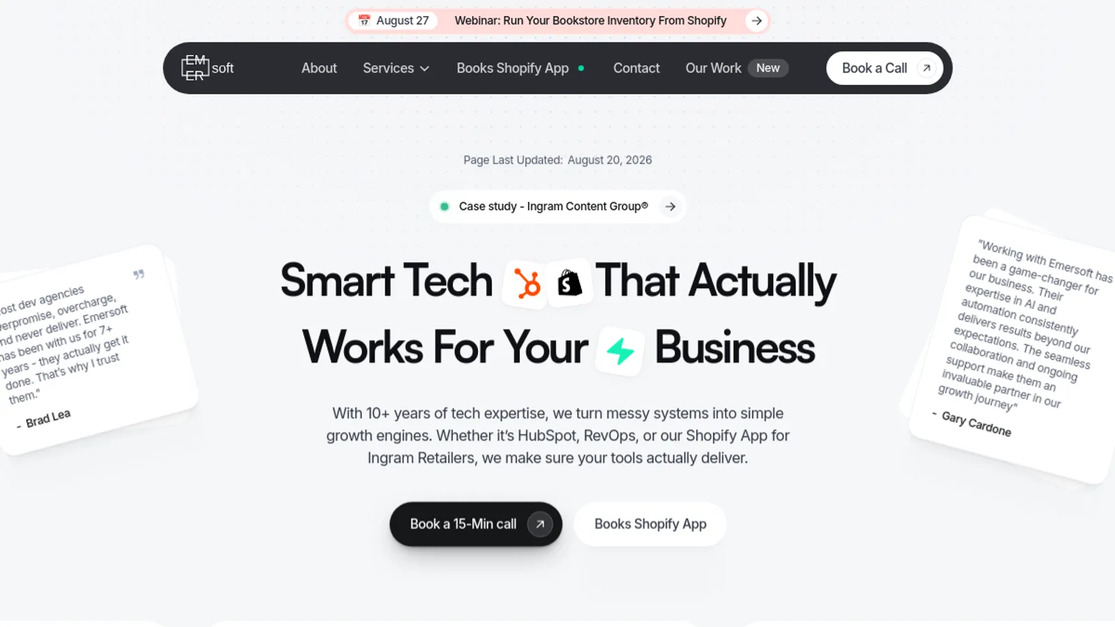 Screenshot of the Emersoft homepage