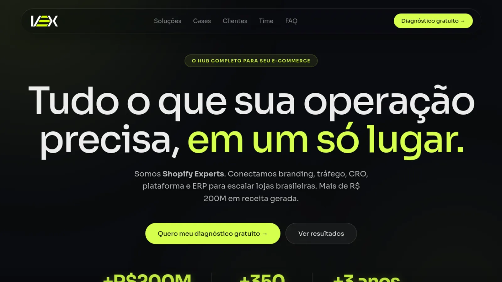 Screenshot of the Vex homepage