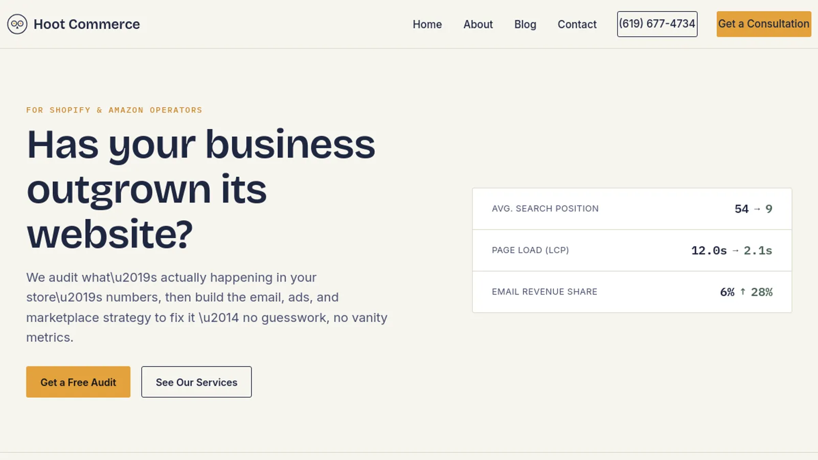 Screenshot of the Hoot Commerce homepage