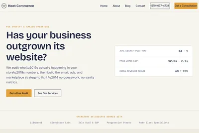 Screenshot of the Hoot Commerce homepage