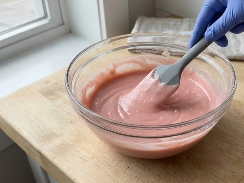 A gloved hand stirs smooth pink soap batter in a glass bowl using a spatula.