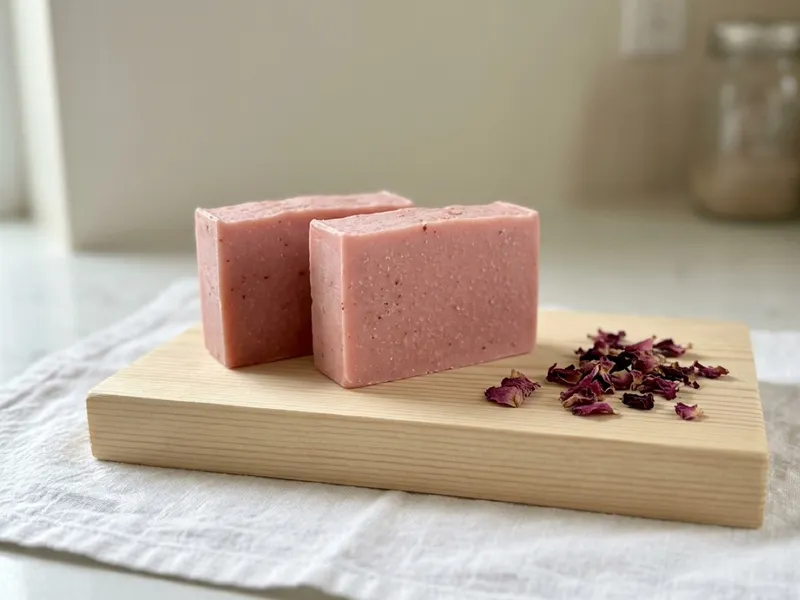 Two pink handmade soap bars resting on a wooden board next to scattered dried rose petals.