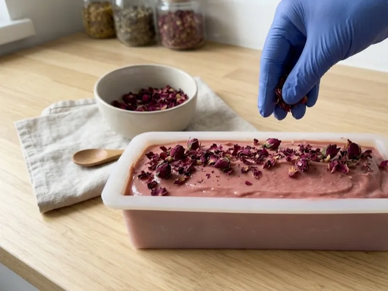 A gloved hand sprinkles dried rose petals over freshly poured pink soap in a silicone mold.