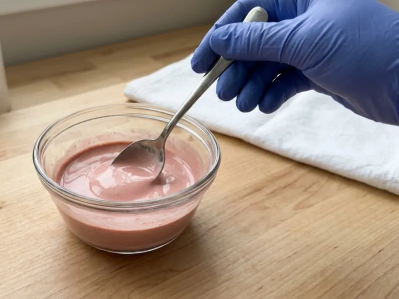 A gloved hand stirs a smooth pink mixture with a spoon inside a clear glass bowl.