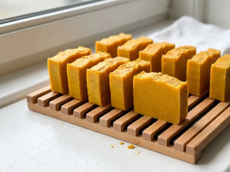 Handmade yellow soap bars cure in rows on a wooden slatted rack on a white windowsill.