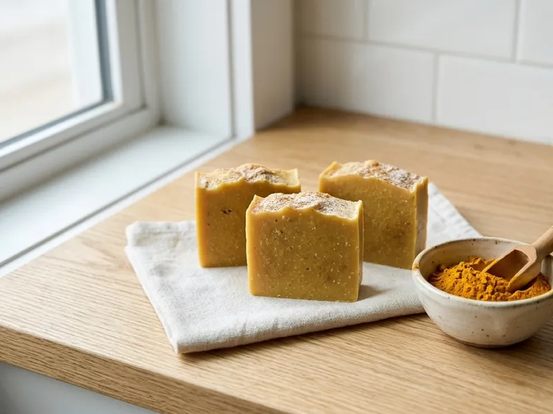 Three handmade yellow soap bars rest on a linen cloth beside a bowl of turmeric powder.